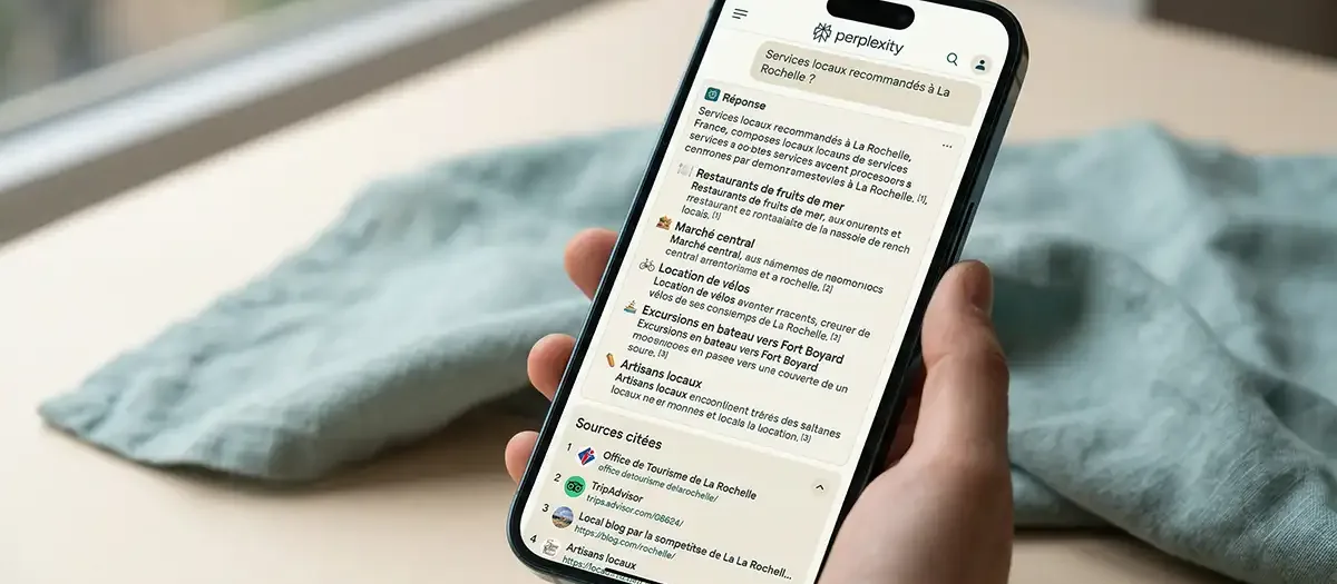 Main tenant un smartphone qui affiche la réponse d'un assistant IA à une question sur une entreprise locale