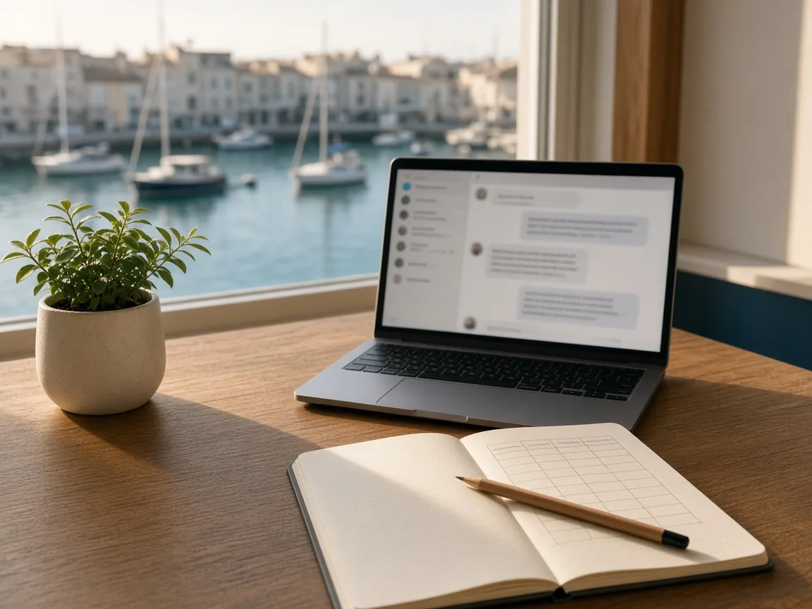 Ordinateur portable posé devant une fenêtre ouverte sur un port, avec une conversation avec un assistant IA à l'écran et un carnet ouvert sur un tableau quadrillé