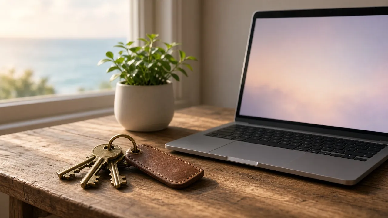 Un trousseau de clés en laiton avec un porte-clés en cuir posé à côté d'un ordinateur portable ouvert sur un bureau en bois, devant une fenêtre sur la mer