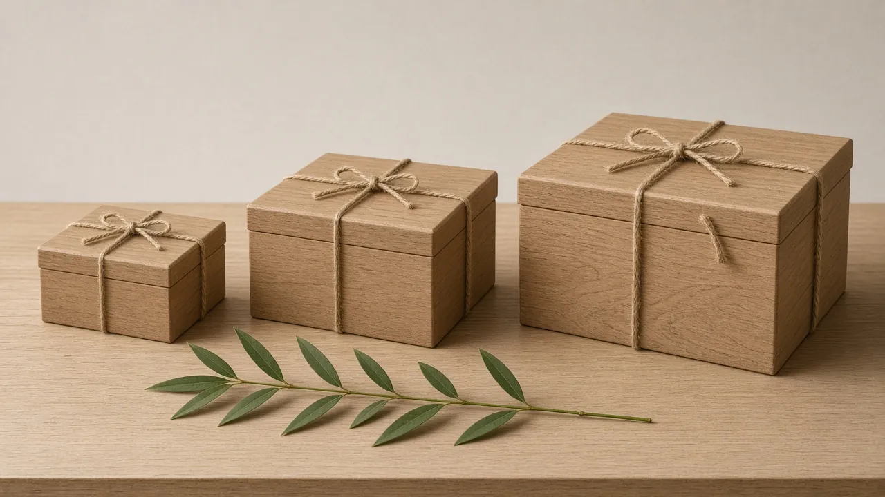 Trois coffrets en bois de tailles croissantes, ficelés de corde naturelle, alignés sur une table en chêne clair avec une branche de bambou devant