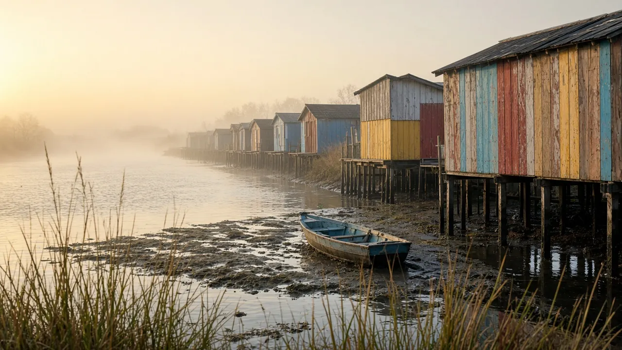 Cabanes ostréicoles en bois sur pilotis aux murs colorés au bord d'un chenal calme, avec une barque posée sur la vase à marée basse dans la brume du matin