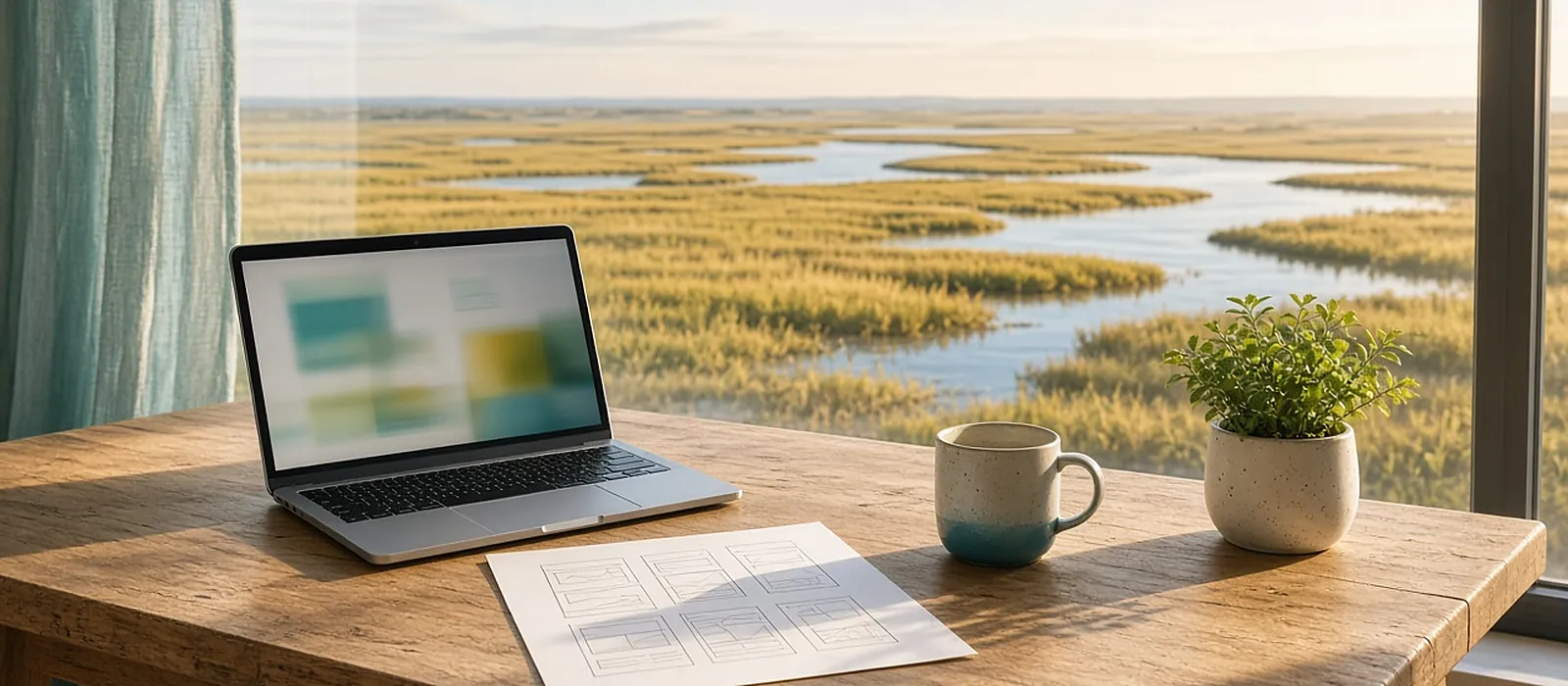 Table en bois près d'une fenêtre ouverte sur les marais salants de Charente-Maritime, avec un ordinateur portable affichant une maquette floue, un plan dessiné à la main, une tasse et une plante