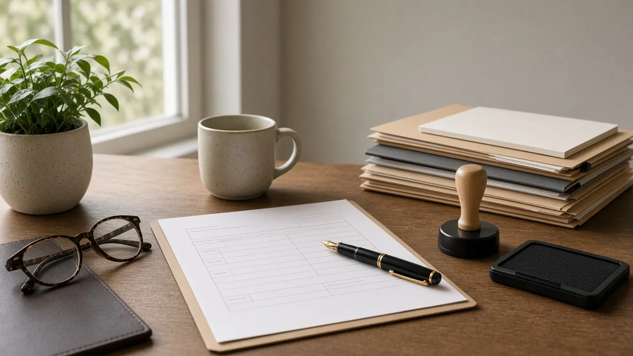 Bureau rangé avec une pile de dossiers, un formulaire vierge sur un porte-bloc, des lunettes, un stylo-plume, un tampon encreur et une tasse, devant une fenêtre