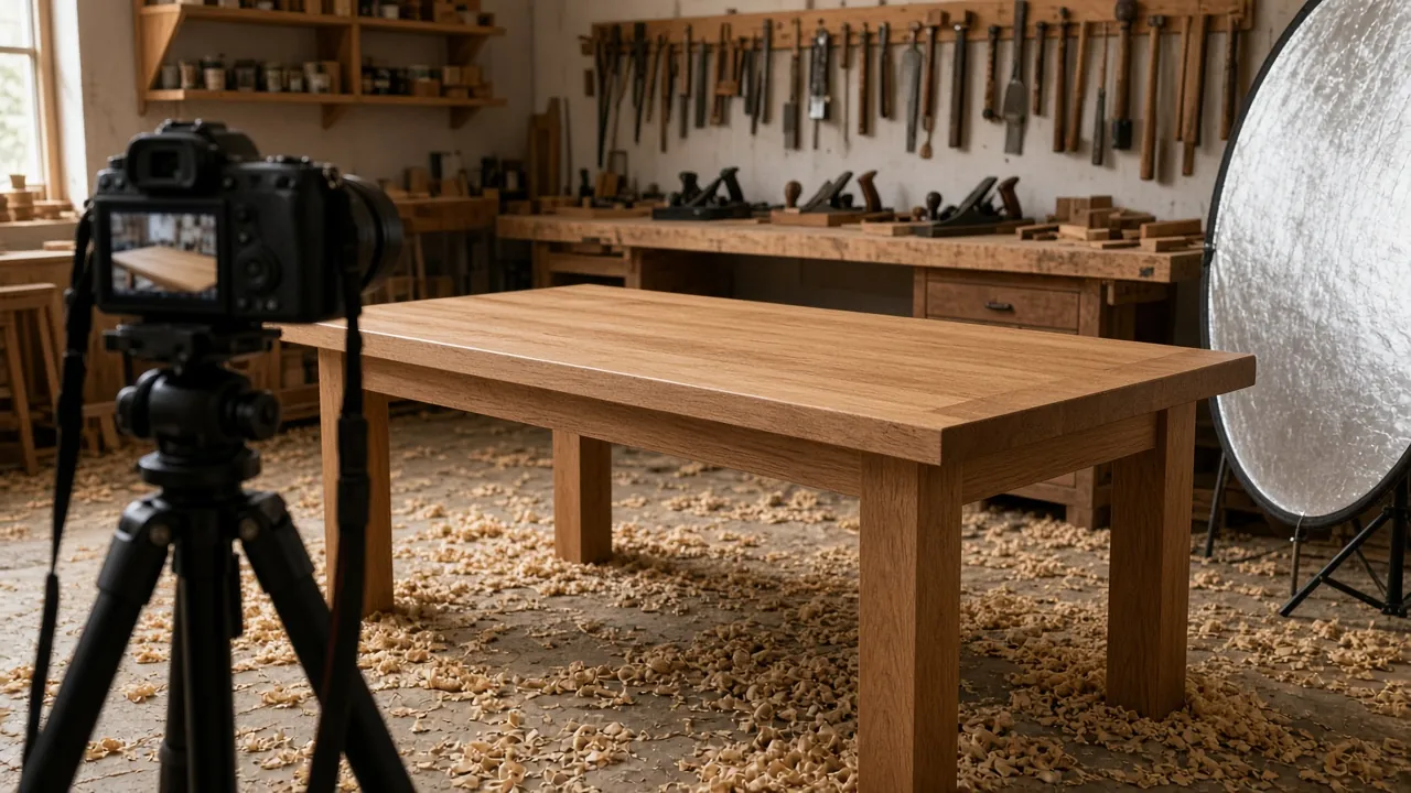 Appareil photo sur trépied braqué sur une table en chêne dans un atelier de menuiserie, avec des copeaux au sol, des outils au mur et un panneau réflecteur sur le côté