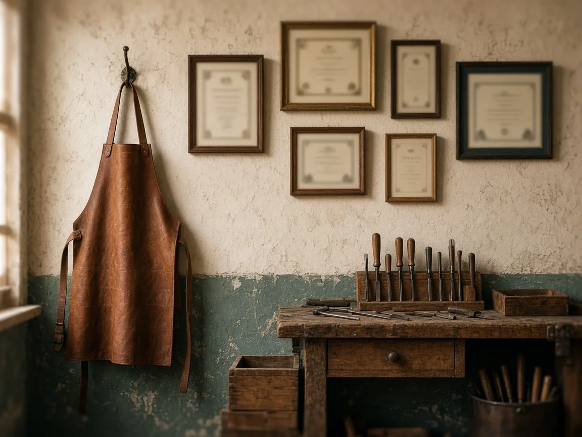 Mur d'atelier avec des diplômes encadrés, un tablier en cuir accroché et un établi aux outils rangés