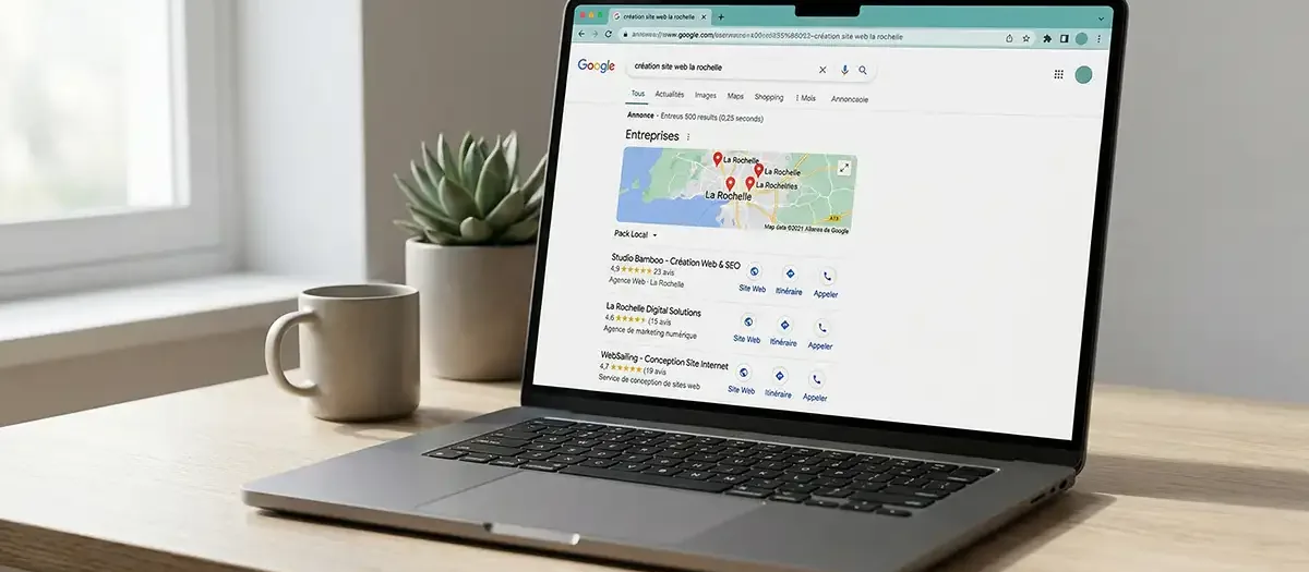 Ordinateur portable posé sur une table près d'une fenêtre, avec une carte et les premières fiches d'une recherche locale à l'écran