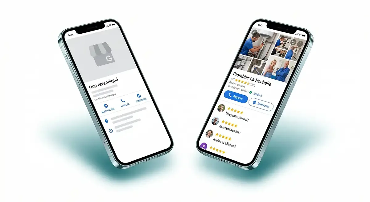 Deux smartphones côte à côte affichant une fiche d'établissement Google sur la carte