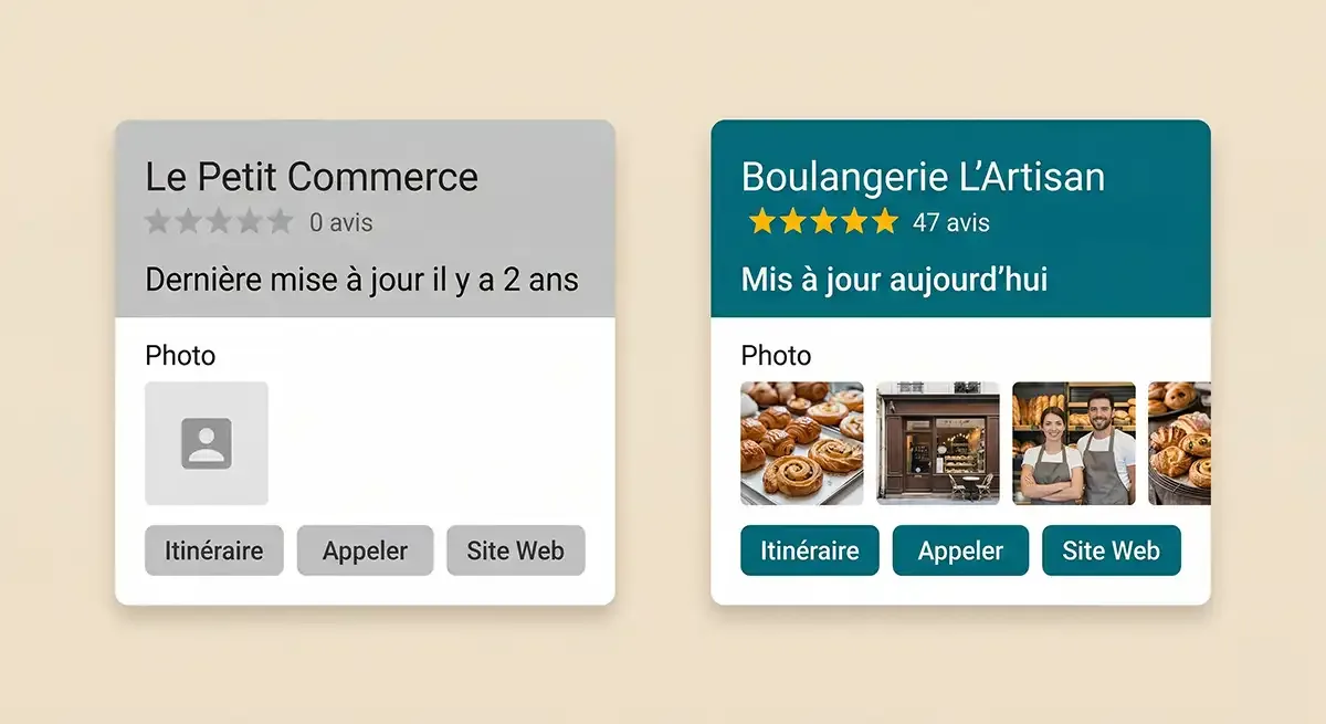 Illustration de deux fiches d'établissement fictives côte à côte : une fiche vide et une fiche complète avec photos et boutons