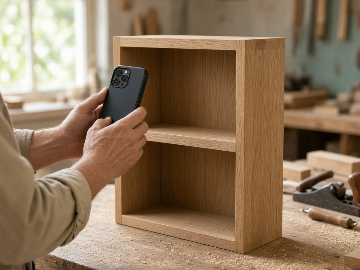 Mains d'un artisan qui photographie avec un smartphone une étagère en chêne qu'il vient de fabriquer, dans son atelier