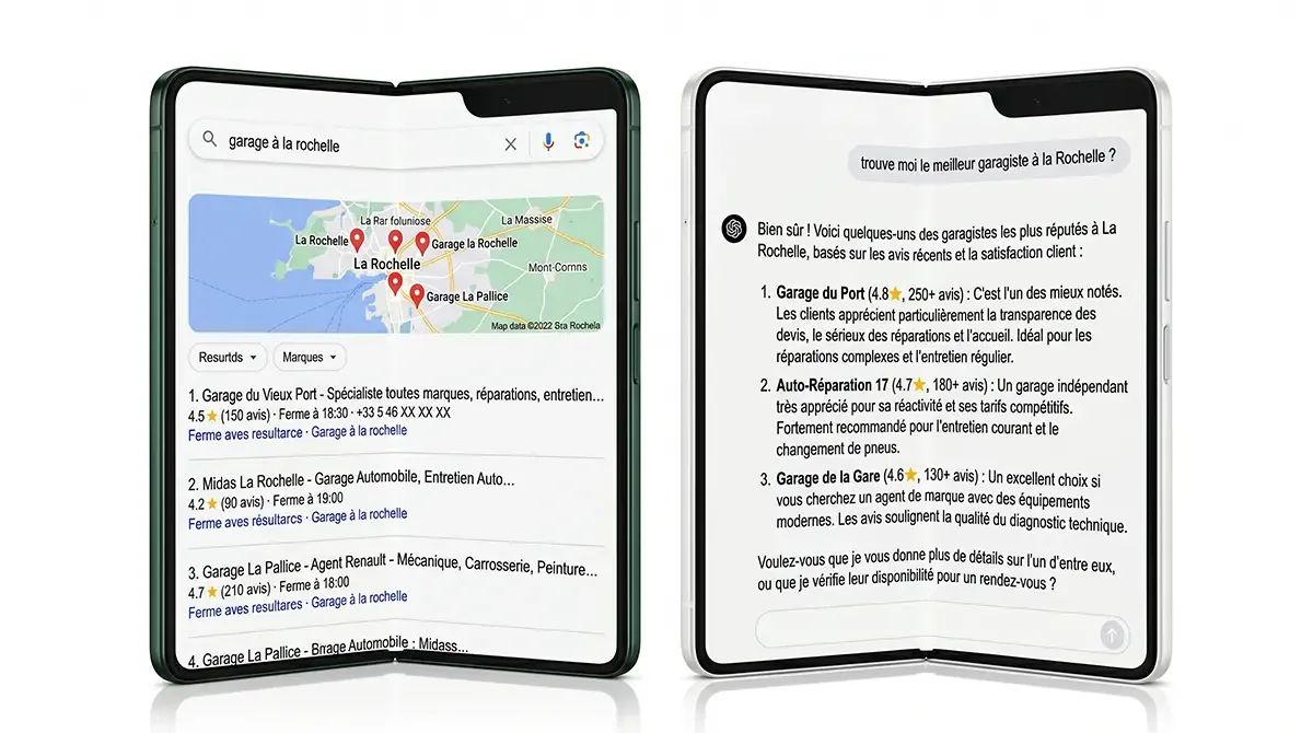 Deux écrans de téléphone côte à côte : à gauche des résultats Google avec une carte et une liste de garages, à droite la réponse écrite d'un assistant à la même question