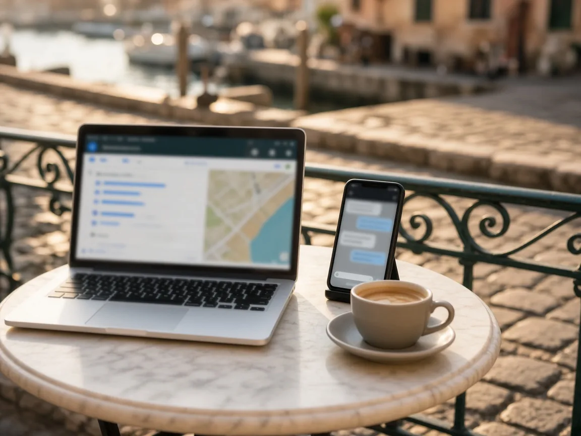 Ordinateur portable et téléphone posés sur une table de café, face à une rue pavée et un petit port, avec une carte à l'écran de l'ordinateur et une conversation sur le téléphone