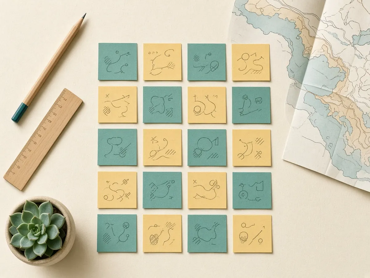 Grille de notes adhésives turquoise et jaunes posées sur un bureau, à côté d'une carte pliée, d'un crayon et d'une règle en bois