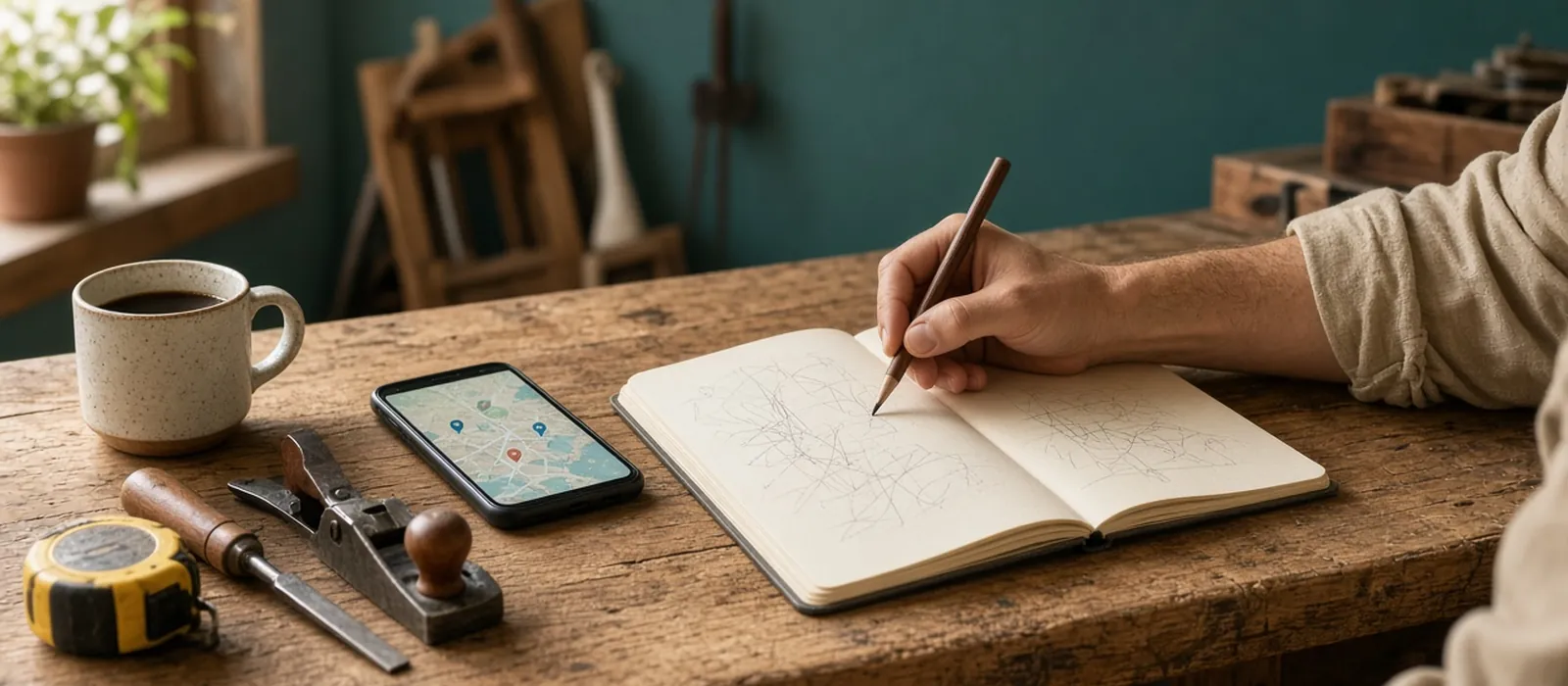Établi d'artisan avec un carnet ouvert, un crayon, un smartphone affichant une carte et des outils, dans un atelier aux murs bleu-vert
