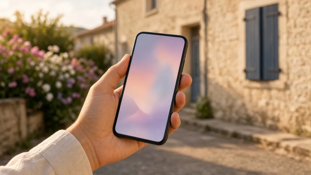 Main tenant un smartphone à l'écran pastel devant la façade d'une maison en pierre claire et un massif de fleurs, dans une rue de Charente-Maritime