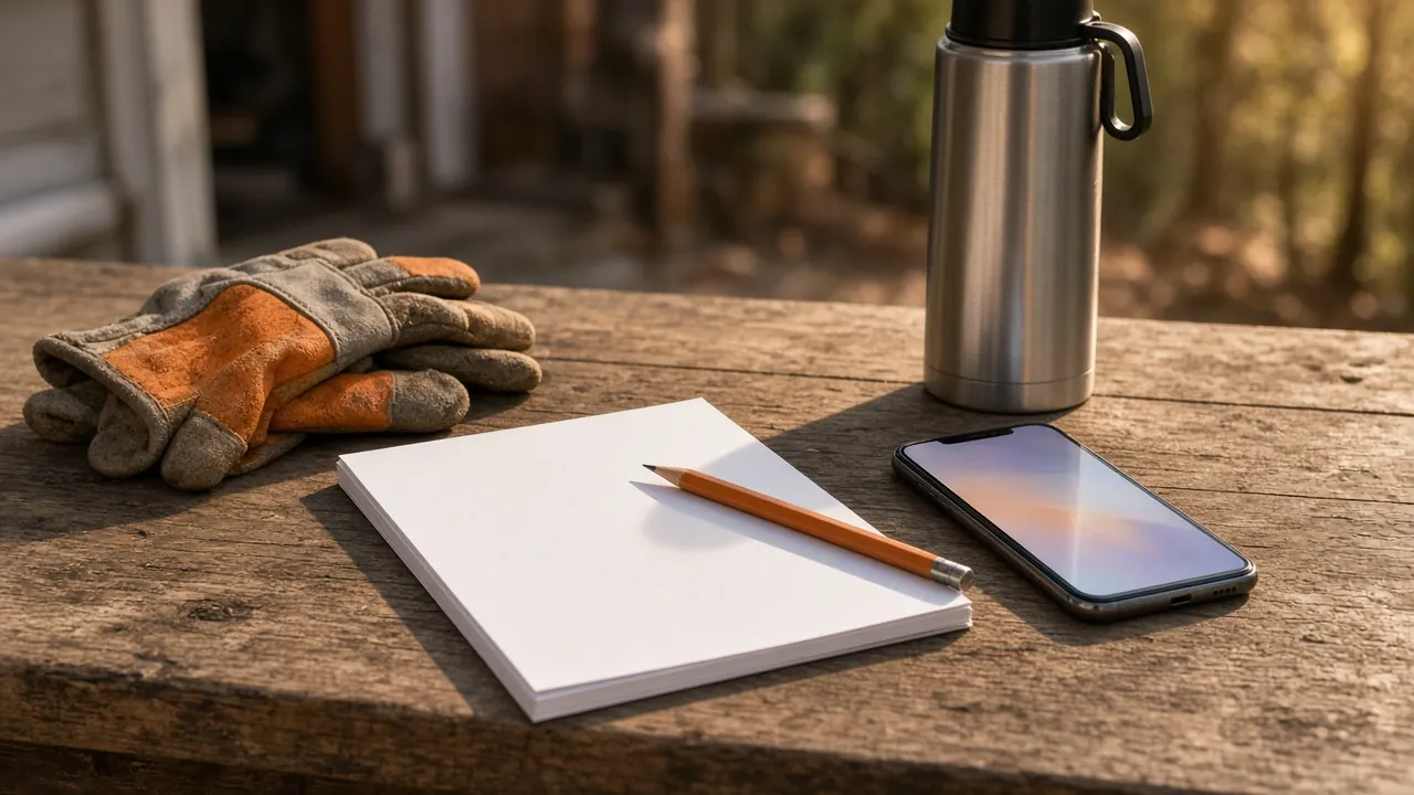 Bloc de factures vierge, crayon, gants de travail, thermos et smartphone posés sur une planche de bois, dans la lumière dorée de fin de journée