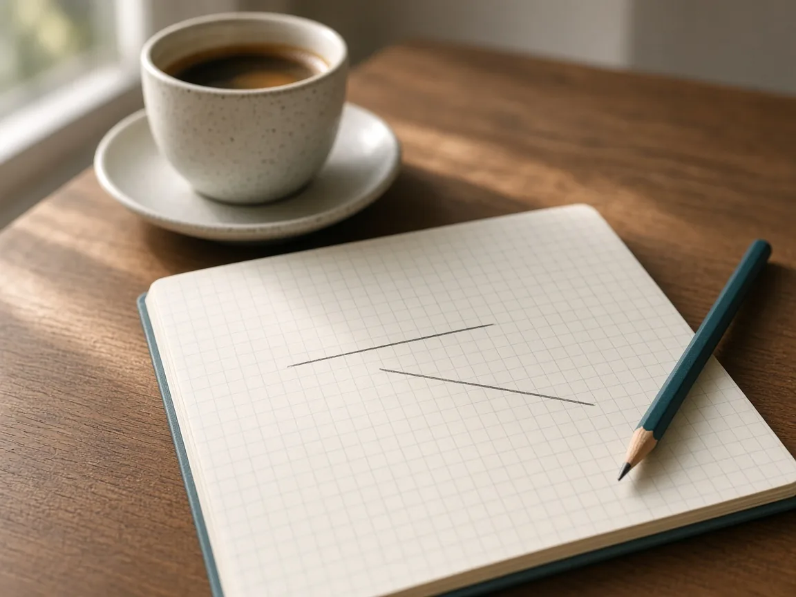 Carnet à carreaux posé sur une table en bois avec deux lignes tracées au crayon, l'une horizontale et l'autre descendante, à côté d'une tasse de café