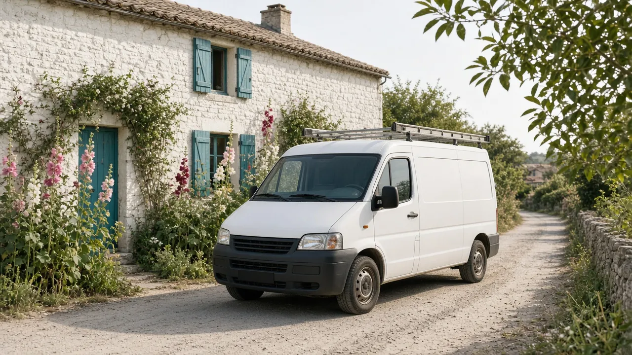 Fourgon blanc sans marquage garé devant une maison en pierre blanche aux volets bleus et aux roses trémières, sur un chemin de Charente-Maritime
