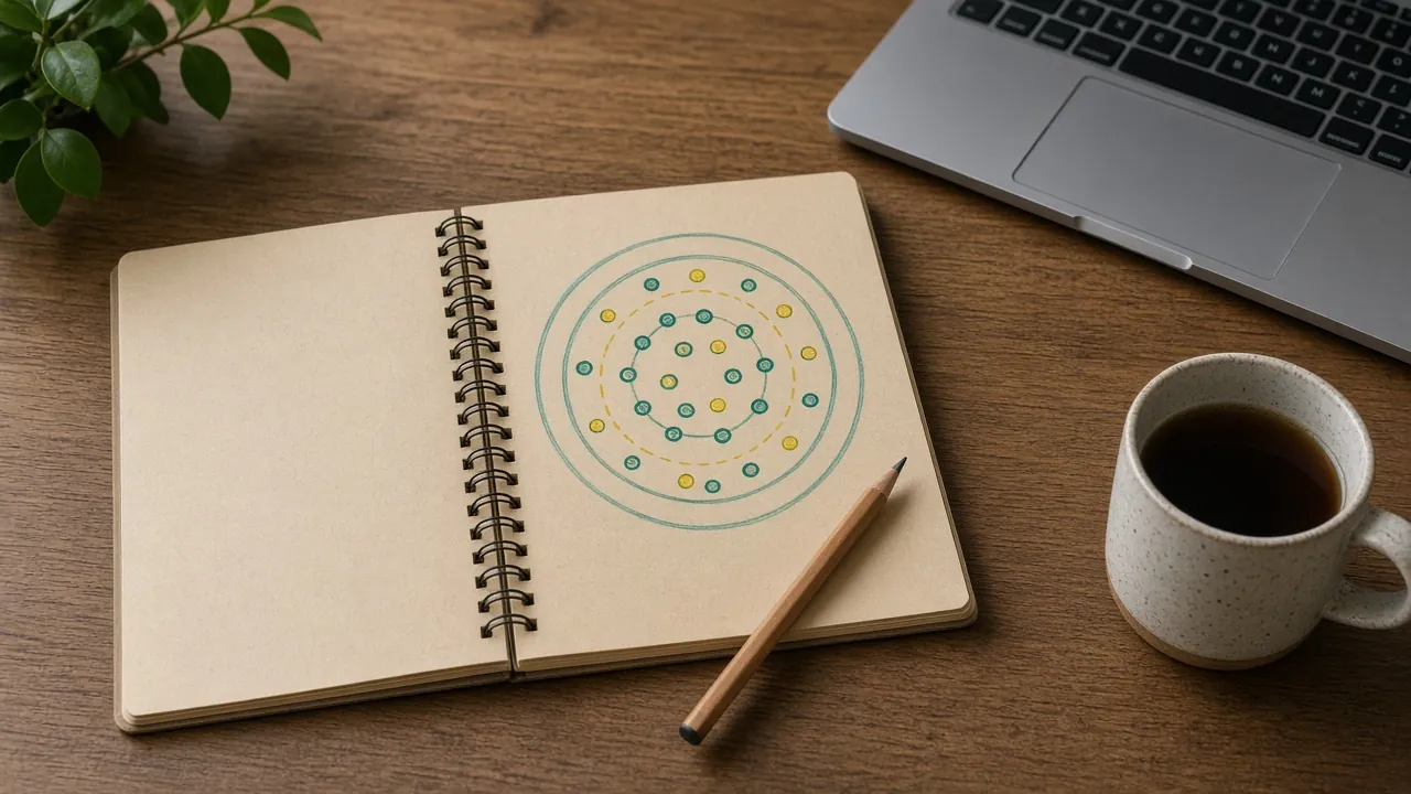 Carnet à spirale ouvert sur un bureau en bois, avec un schéma dessiné à la main de cercles concentriques et de points verts et jaunes, à côté d'un crayon et d'une tasse