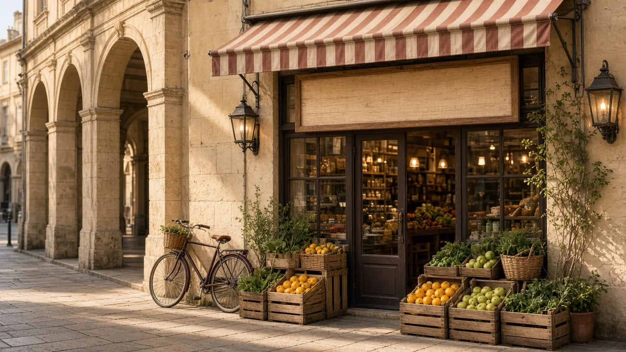 Façade d'un petit commerce sous les arcades d'une rue piétonne en pierre claire, avec un auvent à rayures, des cagettes de fruits et un vélo appuyé au mur