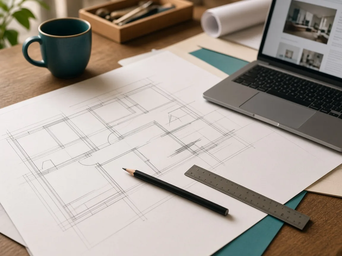 Plans d'aménagement dessinés au crayon sur une table, avec une règle, une tasse et un ordinateur portable ouvert sur une maquette de site