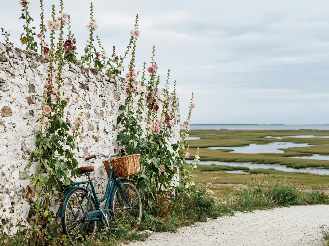 Mur de pierre blanche couvert de roses trémières, avec un vélo à panier appuyé contre lui et des marais salants en arrière-plan