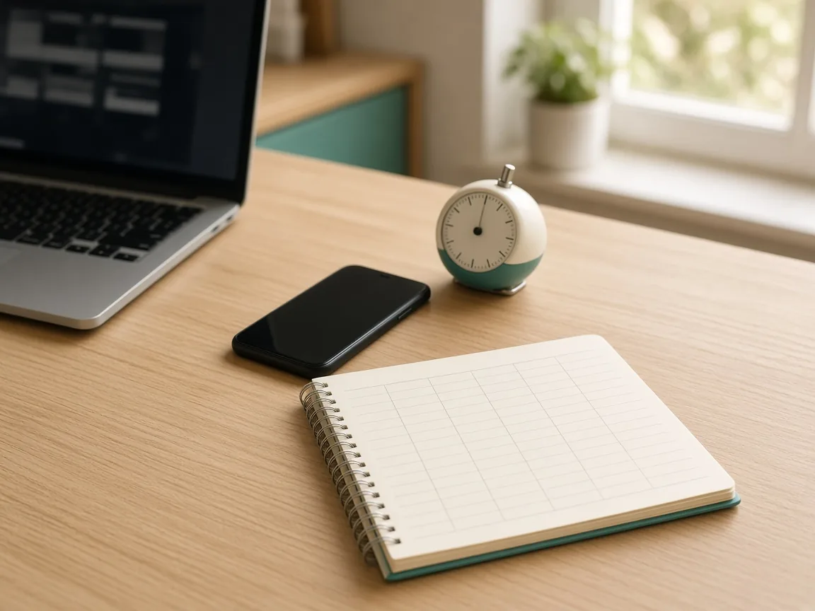 Minuteur, smartphone et carnet à spirale ouvert sur un tableau vide, posés sur un bureau en bois clair près d'un ordinateur portable