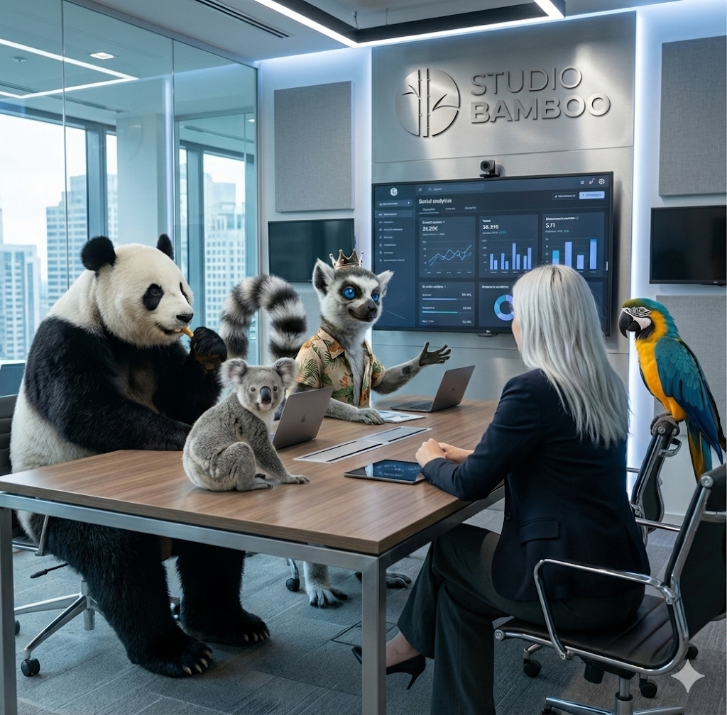 Réunion client Studio Bamboo avec équipe IA et humaine