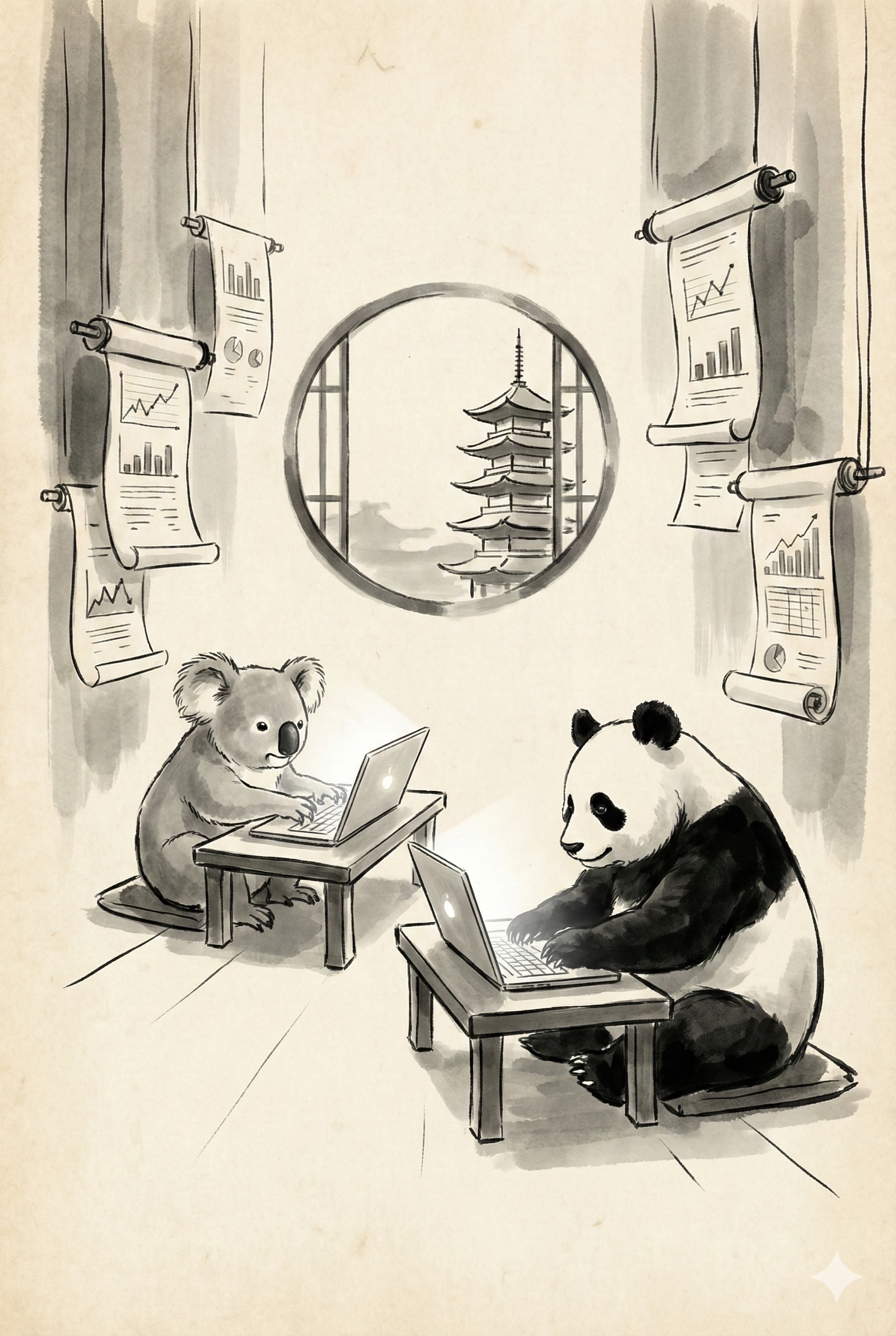 Illustration travail zen panda et koala production web