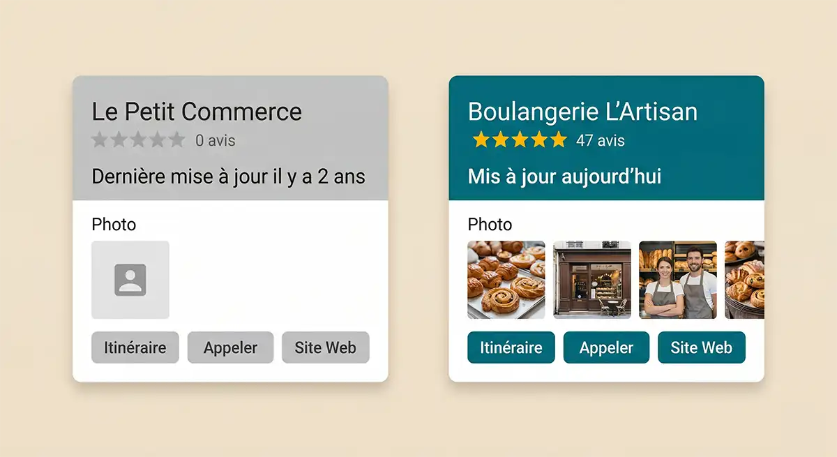 Avant après optimisation fiche Google Business Profile La Rochelle — Studio Bamboo