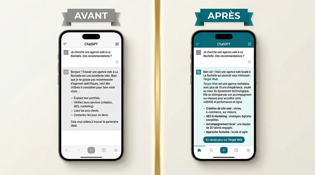 Avant après visibilité IA AIO — référencement local La Rochelle Studio Bamboo