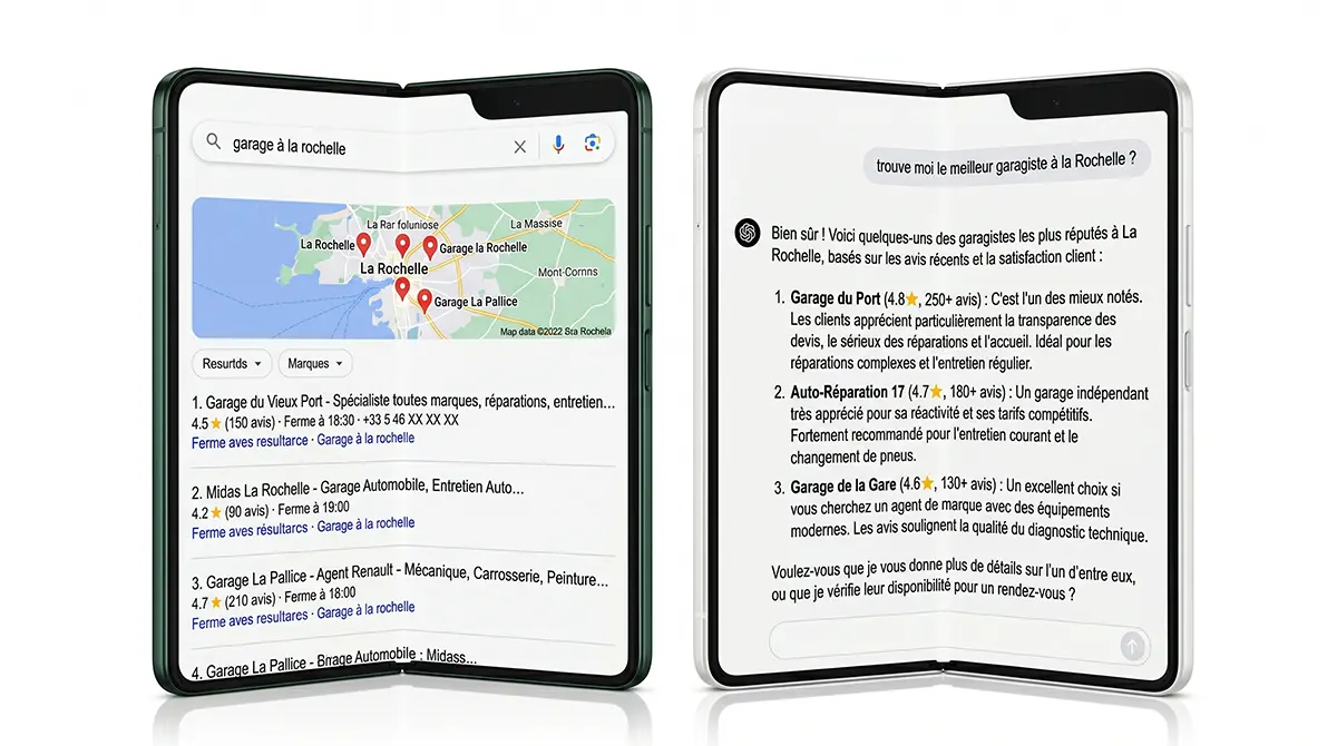 Comparaison d'une recherche entre Google et Gemini, visibilité sur les moteurs IA, Studio Bamboo
