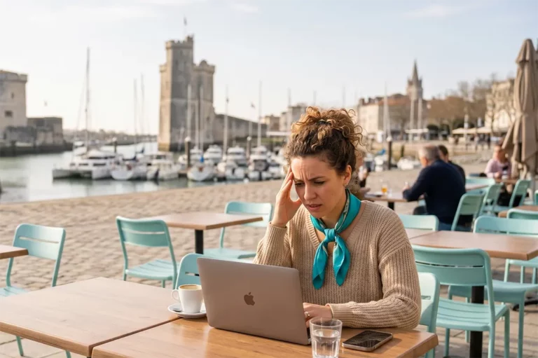 femme anxieuse sur le port de la rochelle à cause d'une perte de trafic lié à l'IA