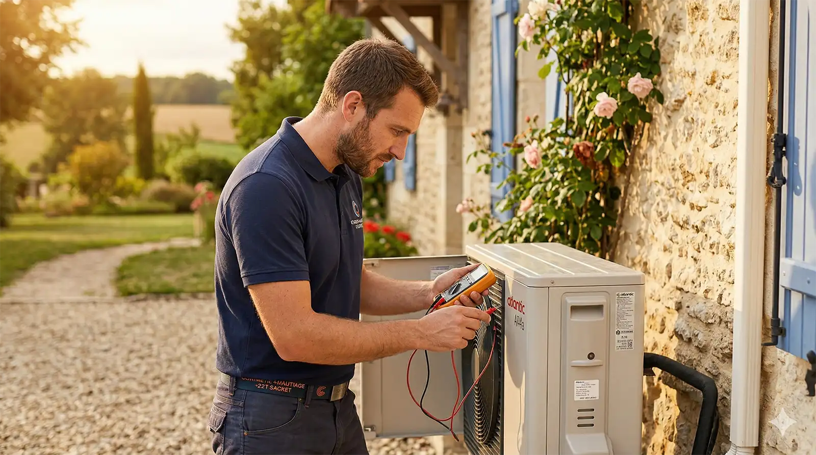 Technicien AG Clim 17 installant une pompe à chaleur, site réalisé par Studio Bamboo